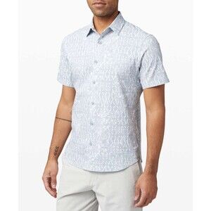 Lululemon Airing Easy Short Sleeve Shirt Button-Up Blue Pattern XL Stretch